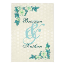Aqua Blue & Pale Pink Flower Wedding Invitation
