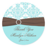 Aqua Blue, White Damask Wedding Favour Sticker