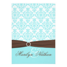 Aqua Blue, White Damask with Brown FAUX Ribbon Personalized Invites