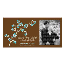 Aqua/Brown Cherry Blossom Save the Date Photocard Custom Photo Card