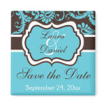 Aqua, Brown, White Damask Save the Date Magnet