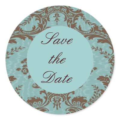 Aqua Chocolate Damask Save the Date Sticker by Cardgallery