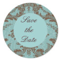 Aqua Chocolate Damask Save the Date stickers