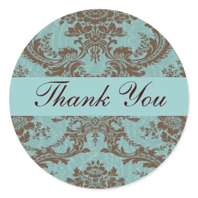 Aqua Chocolate Damask Thank You Sticker by Cardgallery
