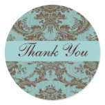 Aqua Chocolate Damask Thank You stickers