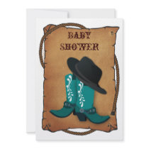 aqua cowboy boots western mummy baby shower custom announcements