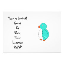 Aqua cute penguin personalised invite