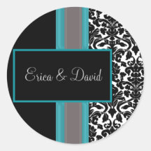 aqua damask Wedding Monogram stickers