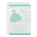 Aqua dress and festooning personalized invitations
