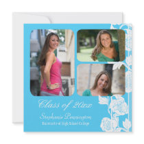 Aqua floral 3 photo graduation party announcement