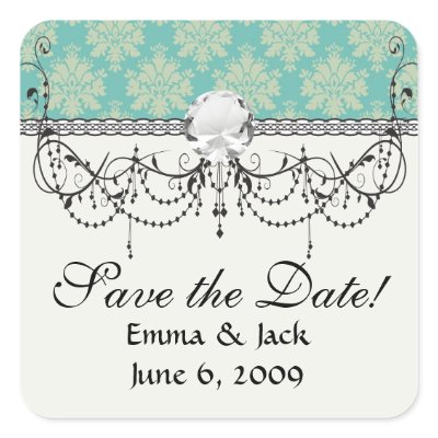 aqua green damask square stickers by dooni_damask