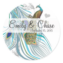 Aqua Grey 3 Peacock Feathers Wedding Sticker