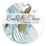 Aqua Grey 3 Peacock Feathers Wedding Sticker