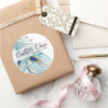 Aqua Grey 3 Peacock Feathers Wedding Sticker