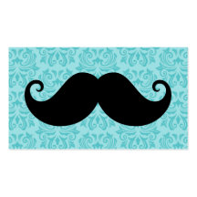 Aqua handlebar moustache on black damask pattern business card