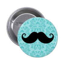 Aqua handlebar moustache on black damask pattern buttons