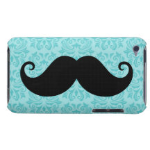 Aqua handlebar moustache on black damask pattern iPod Case-Mate cases