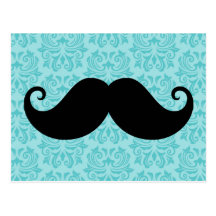 Aqua handlebar moustache on black damask pattern post card