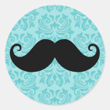 Aqua handlebar moustache on black damask pattern sticker