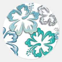 Aqua Hibiscus Blooms Round Stickers