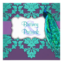 Aqua Peacock & Purple Damask Wedding Invitations