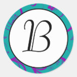 Aqua Purple Flower Swirl Monogram Initial Sticker