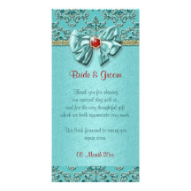 Aqua red gold damask wedding photo card