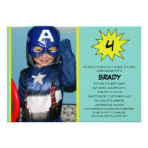 Aqua Save the Day Superhero Photo Birthday Party Custom Announcements