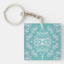 Aqua Teal and White Floral Damask Square Acrylic Keychain