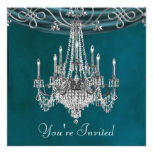 Aqua Teal Blue Chandelier Party Invitations