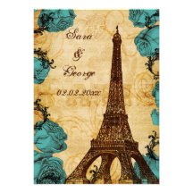aqua vintage eiffel tower Paris save the date Invitation
