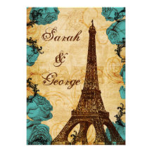 aqua vintage eiffel tower Paris wedding invite