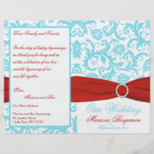 Aqua, White, and Red Damask Wedding Program Personalised Flyer