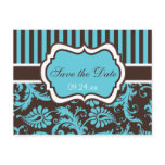 Aqua, White, Brown Damask Save the Date Card