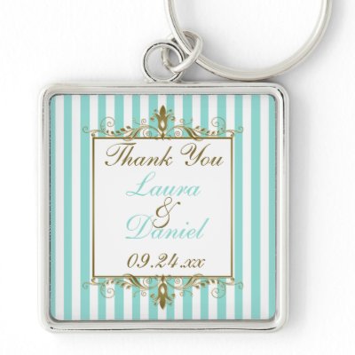 Aqua, White Stripes Gold Scrolls Wedding Favour Keychain by NiteOwlStudio