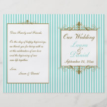 Aqua, White Stripes Gold Scrolls Wedding Program Flyer Design