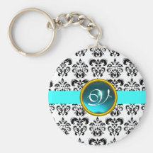 AQUAMARINE DAMASK MONOGRAM,blue turquase Key Chains