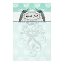 aquamarine green and cream peacock damask customized stationery