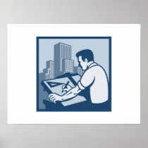 Architect Draftsman Drawing Buildings Retro Print