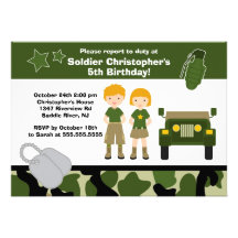 Army Camouflage Soldier Kids Birthday Party Personalised Invite