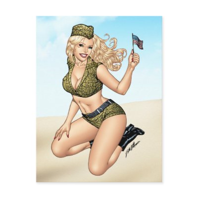 Army or Military Pinup Girl with American Flag Post Card by AlRioArt