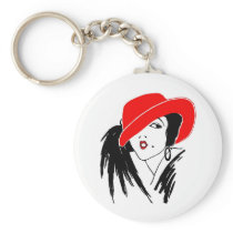Art Deco Beautiful Woman Red Hat Keychain