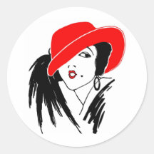 Art Deco Beautiful Woman Red Hat Round Stickers
