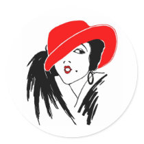 Art Deco Beautiful Woman Red Hat Round Stickers
