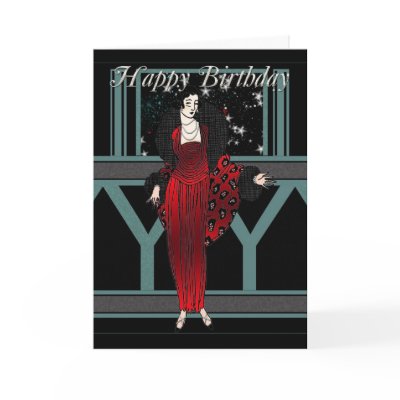 Art Deco Birthday Card With Female In Red And Blac by moonlake