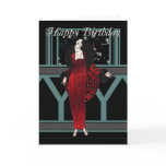 Art Deco Birthday Card With Female In Red And Blac