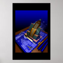 Art Deco Building Emerging from Blueprint