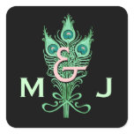 Art Deco Green Peacock Feathers Monogram Wedding Square Sticker