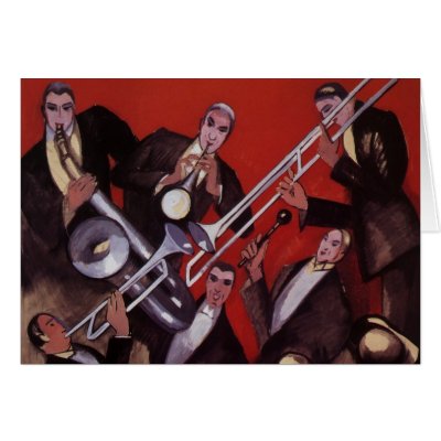 Art Deco Musical Band Jamming Greeting Cards by YesterdayCafe
