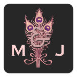 Art Deco Pink Peacock Feathers Monogram Wedding Sticker